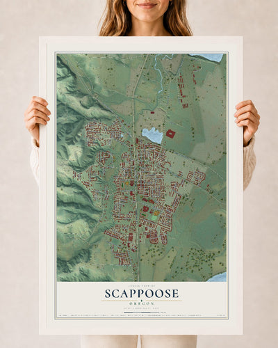 Map of Scappoose, Oregon, 24 x 36 inch print in a white wood frame