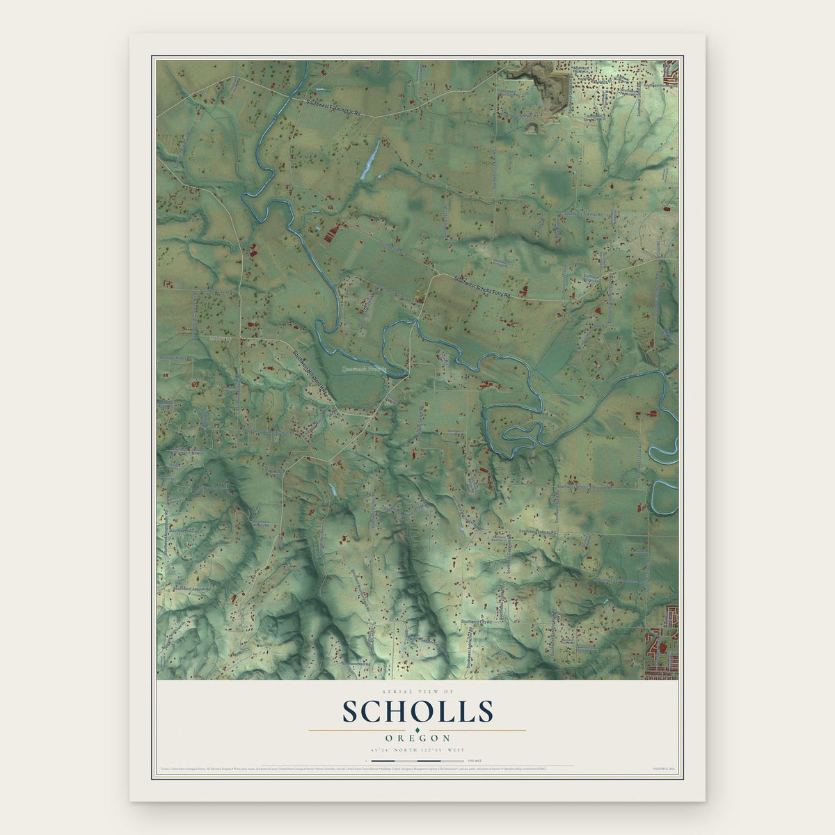 Scholls, Oregon map print, the full design