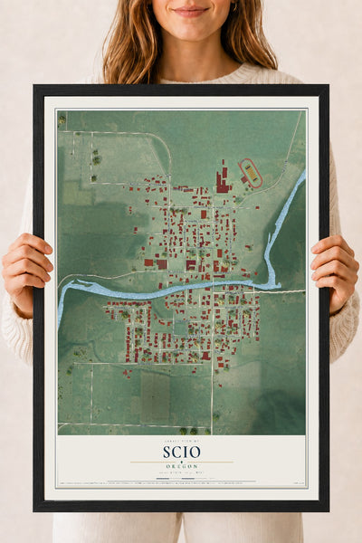 Map of Scio, Oregon, 18 x 24 inch print in a black wood frame