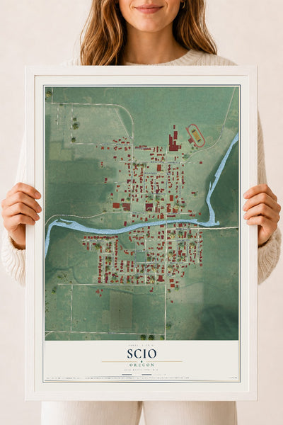 Map of Scio, Oregon, 18 x 24 inch print in a white wood frame