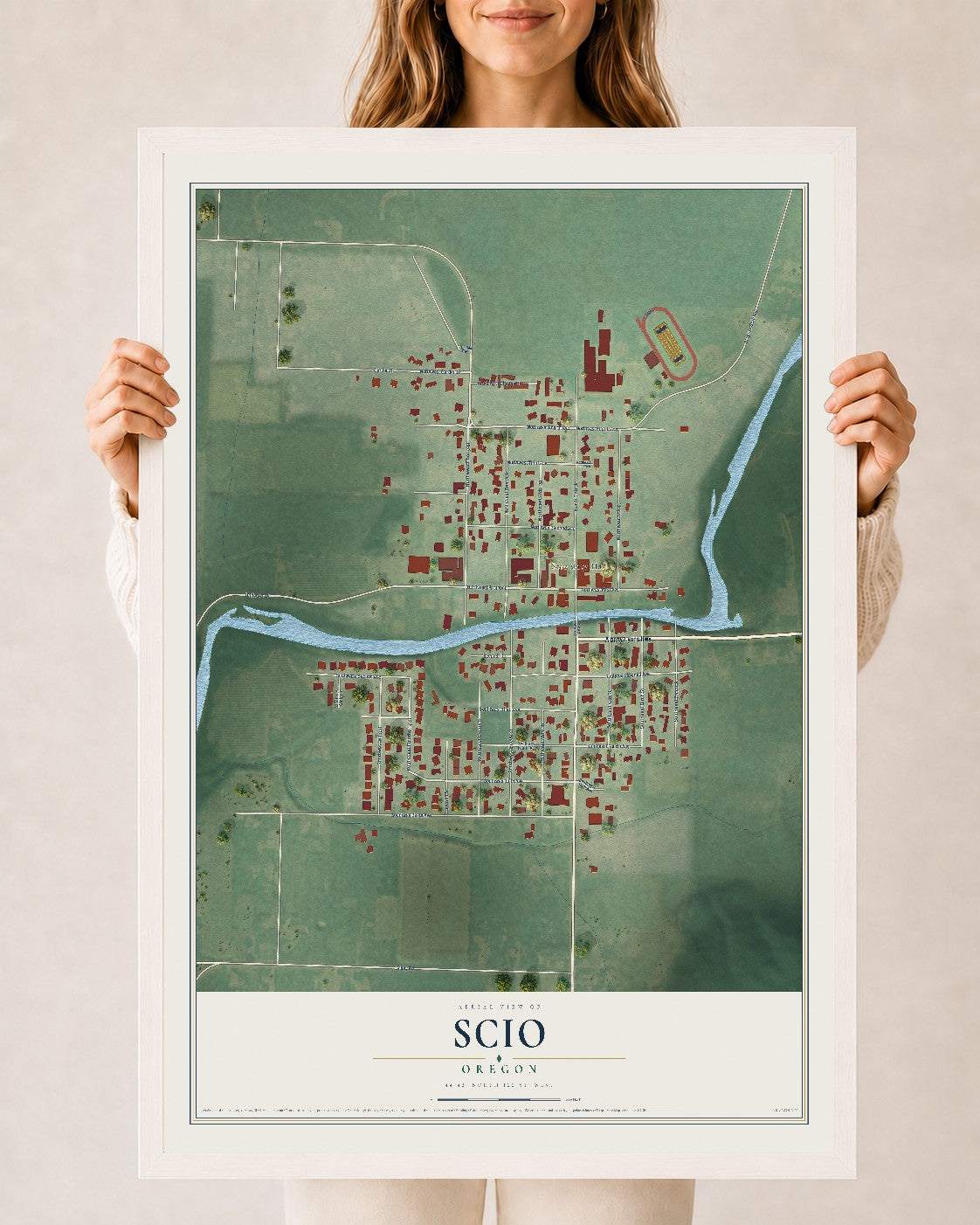 Map of Scio, Oregon, 24 x 36 inch print in a white wood frame