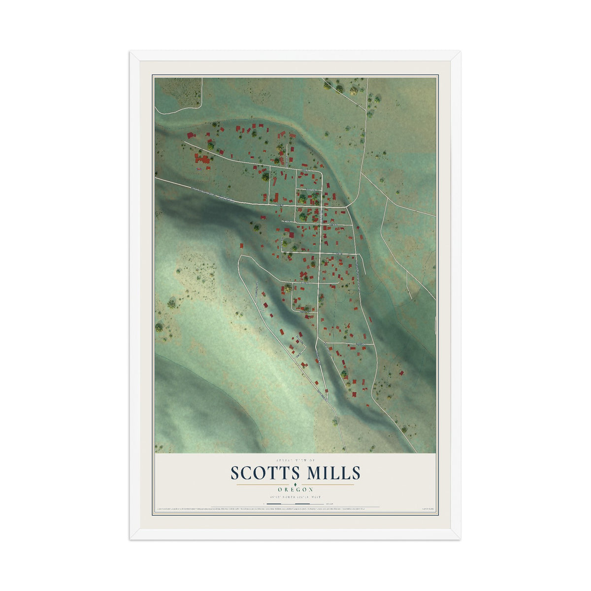 Map of Scotts Mills, Oregon, 12 x 18 inch print in a white wood frame