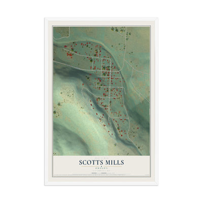 Map of Scotts Mills, Oregon, 12 x 18 inch print in a white wood frame