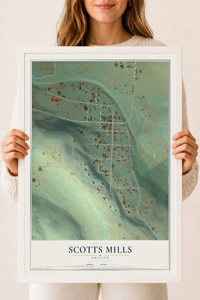 Map of Scotts Mills, Oregon, 18 x 24 inch print in a white wood frame