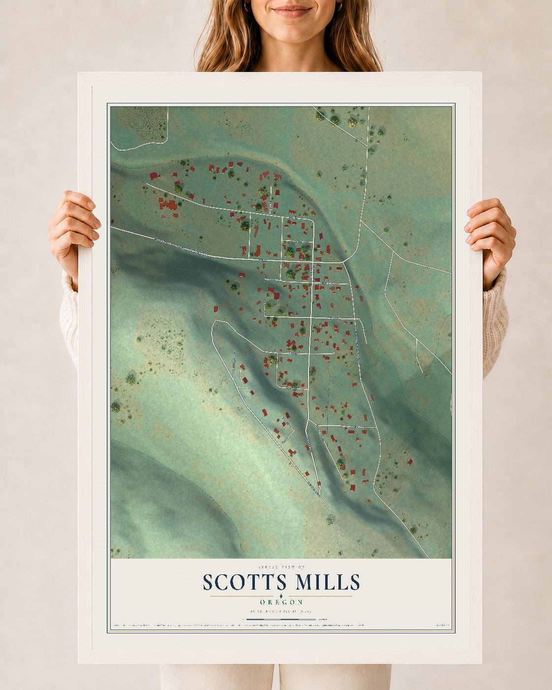 Map of Scotts Mills, Oregon, 24 x 36 inch print in a white wood frame