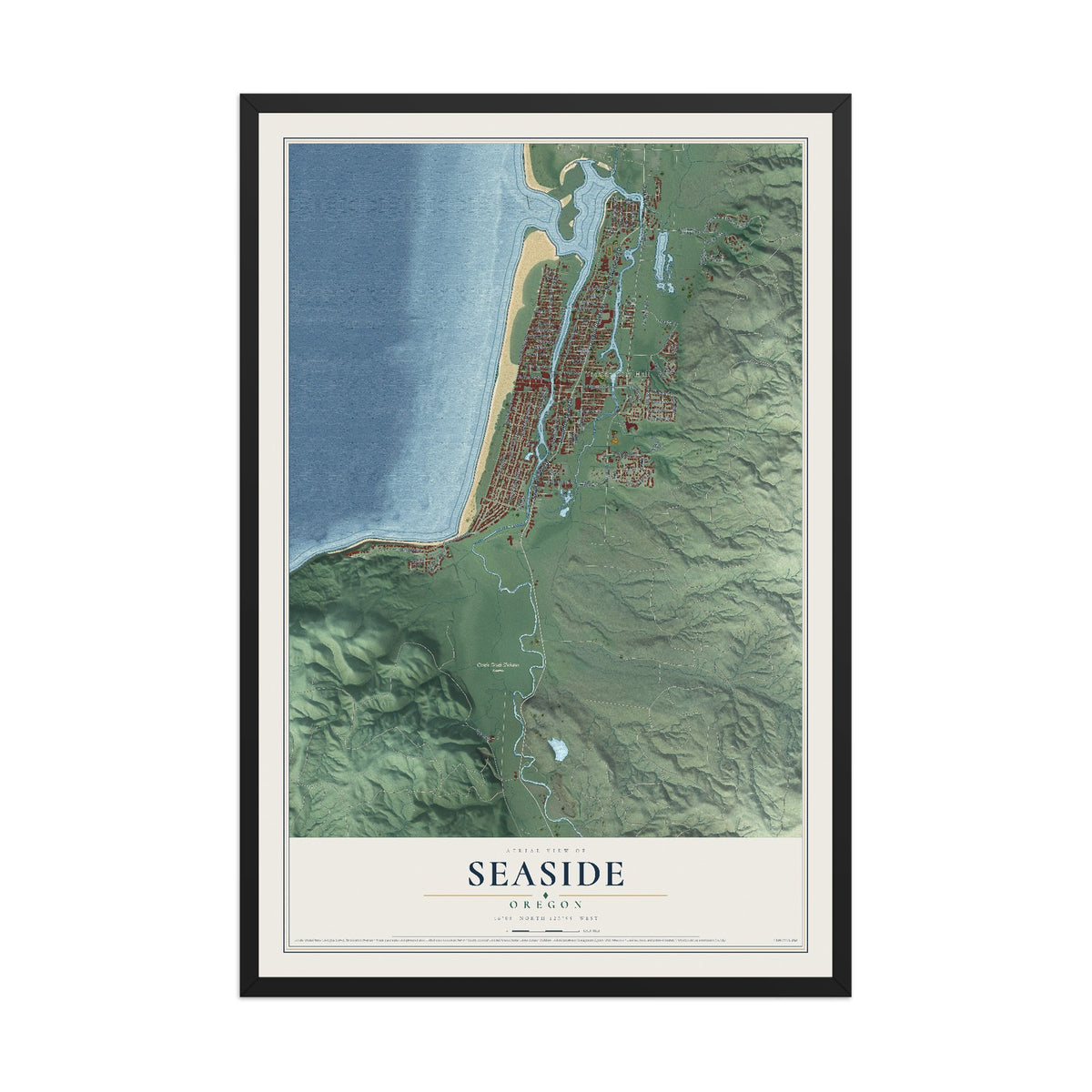 Map of Seaside, Oregon, 12 x 18 inch print in a black wood frame