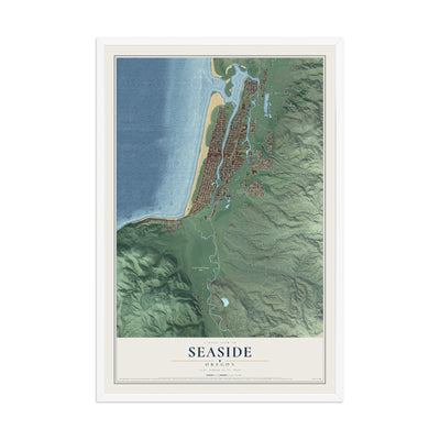 Map of Seaside, Oregon, 12 x 18 inch print in a white wood frame