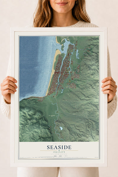 Map of Seaside, Oregon, 18 x 24 inch print in a white wood frame