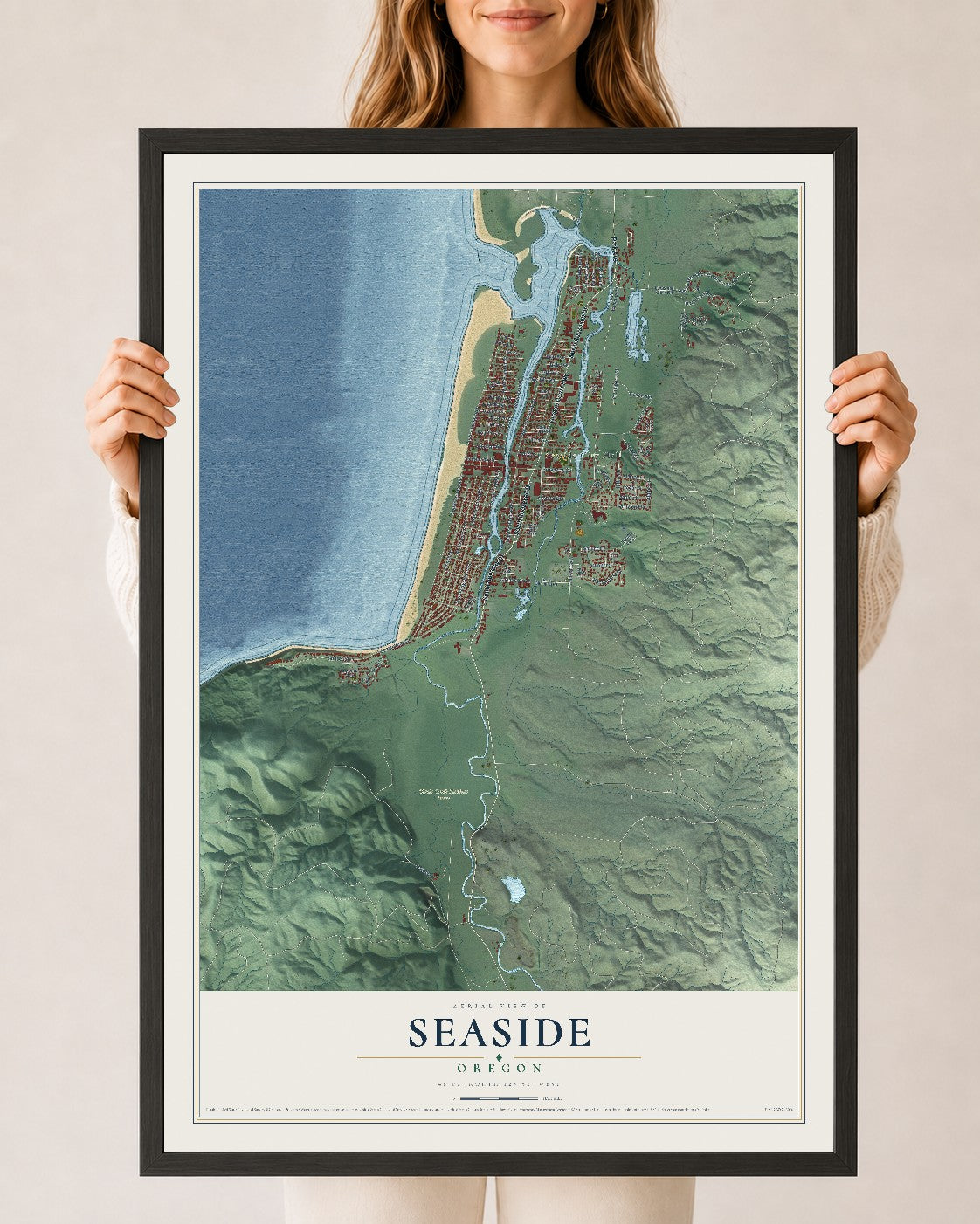 Map of Seaside, Oregon, 24 x 36 inch print in a black wood frame