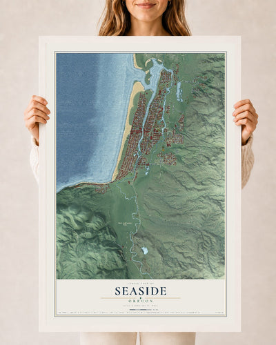 Map of Seaside, Oregon, 24 x 36 inch print in a white wood frame