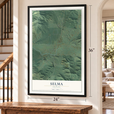 Selma, Oregon map, 24 x 36 inch print in a black frame by a staircase