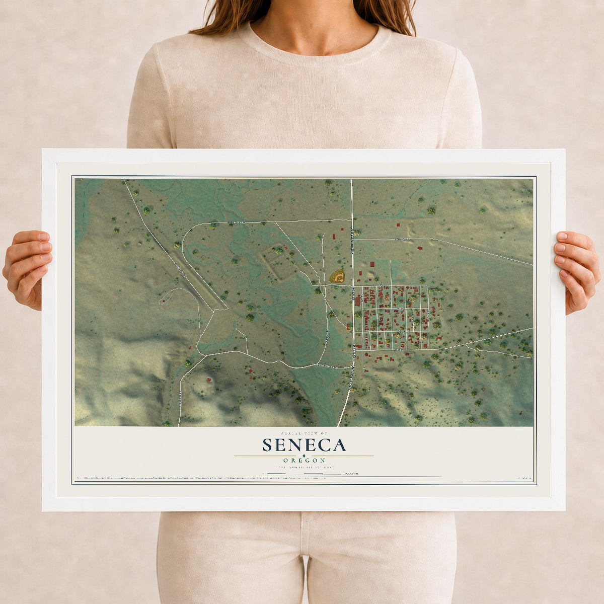 Map of Seneca, Oregon, 12 x 18 inch print in a white wood frame
