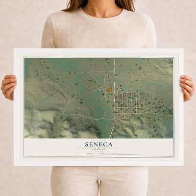 Map of Seneca, Oregon, 12 x 18 inch print in a white wood frame