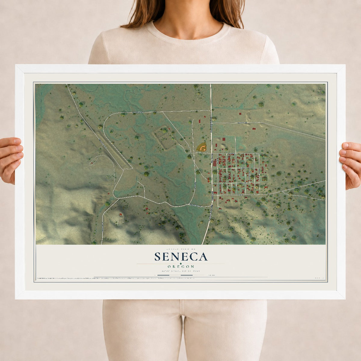 Map of Seneca, Oregon, 18 x 24 inch print in a white wood frame