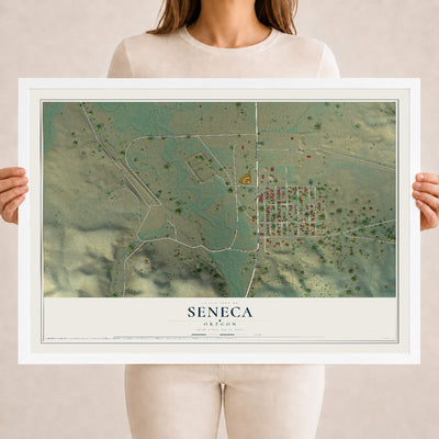 Map of Seneca, Oregon, 18 x 24 inch print in a white wood frame