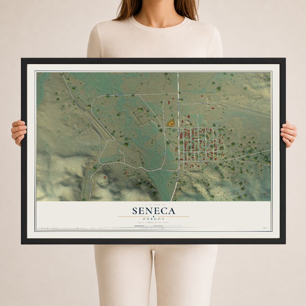 Map of Seneca, Oregon, 24 x 36 inch print in a black wood frame