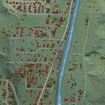 Close-up of the map of Shady Cove, Oregon print showing street and building detail
