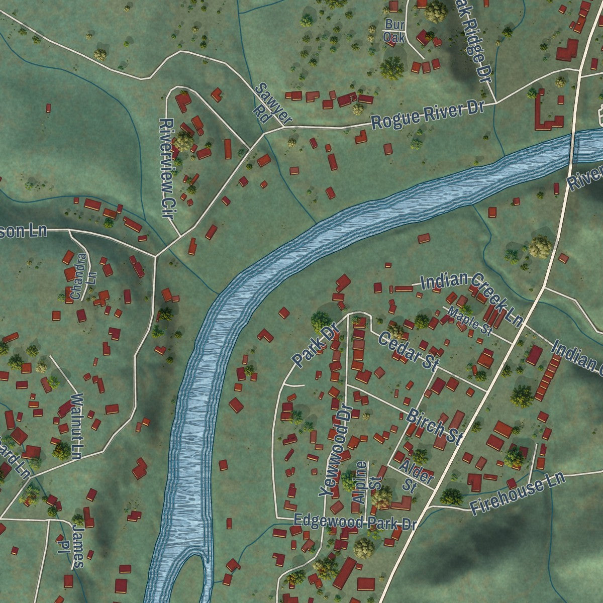 Second close-up of the map of Shady Cove, Oregon print showing more streets and buildings