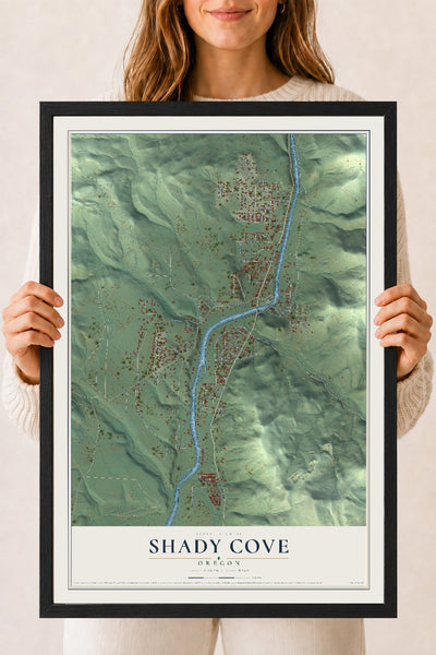 Map of Shady Cove, Oregon, 18 x 24 inch print in a black wood frame