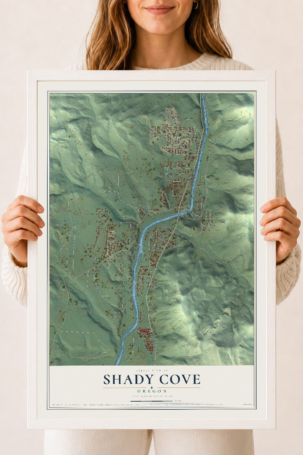 Map of Shady Cove, Oregon, 18 x 24 inch print in a white wood frame