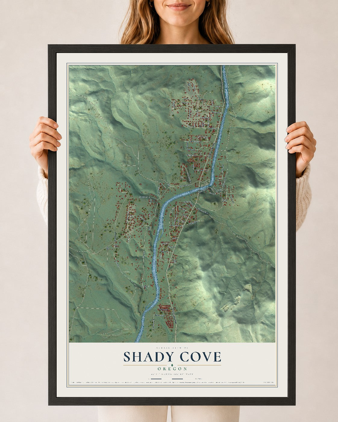 Map of Shady Cove, Oregon, 24 x 36 inch print in a black wood frame