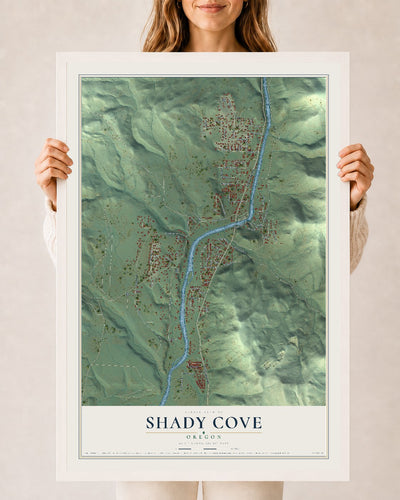 Map of Shady Cove, Oregon, 24 x 36 inch print in a white wood frame