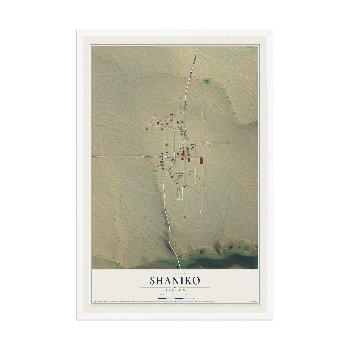 Map of Shaniko, Oregon, 12 x 18 inch print in a white wood frame