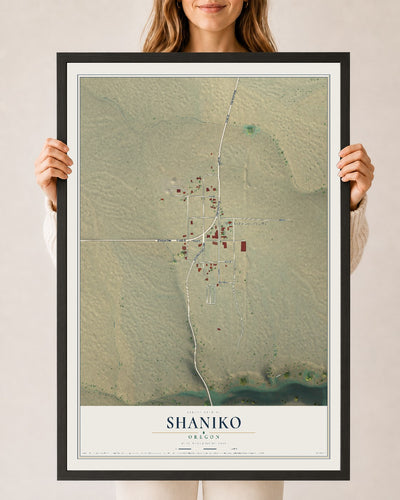 Map of Shaniko, Oregon, 24 x 36 inch print in a black wood frame