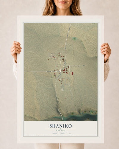 Map of Shaniko, Oregon, 24 x 36 inch print in a white wood frame