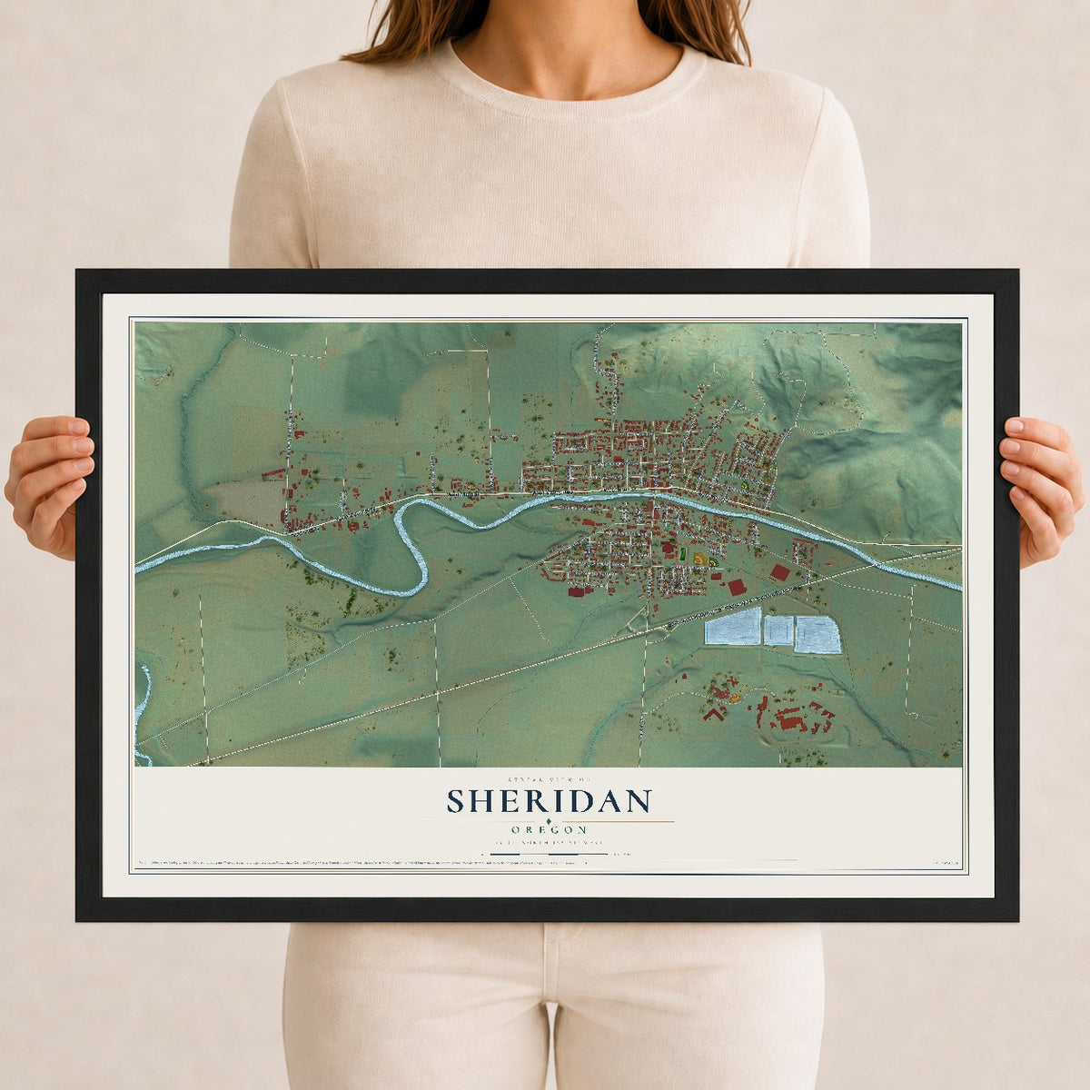 Map of Sheridan, Oregon, 12 x 18 inch print in a black wood frame