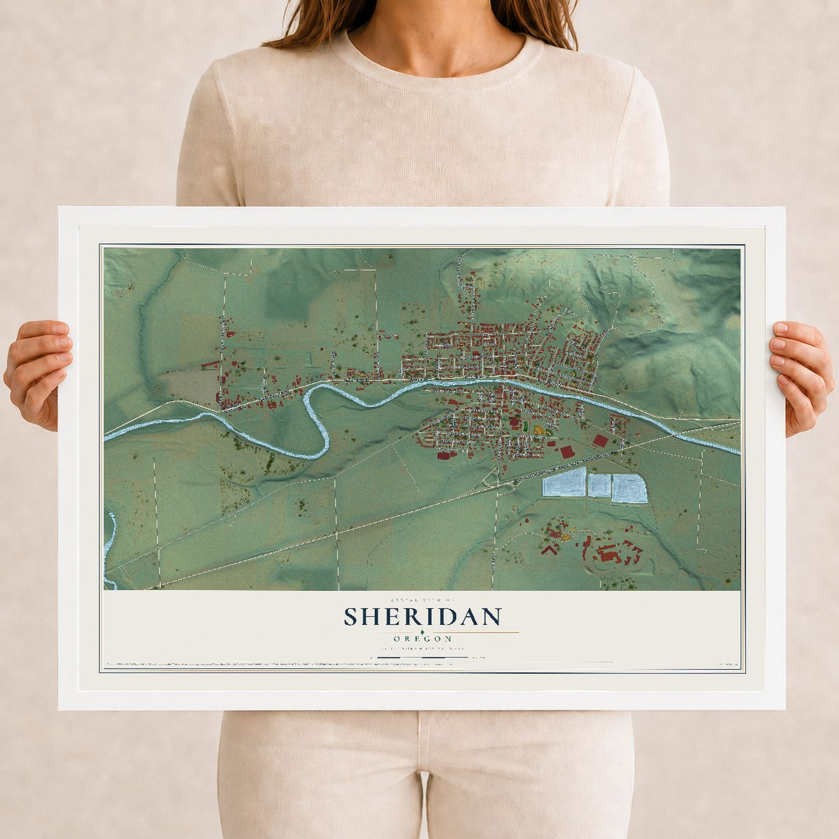Map of Sheridan, Oregon, 12 x 18 inch print in a white wood frame
