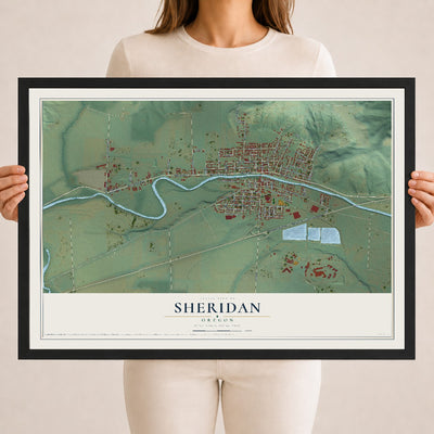 Map of Sheridan, Oregon, 18 x 24 inch print in a black wood frame