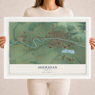 Map of Sheridan, Oregon, 18 x 24 inch print in a white wood frame