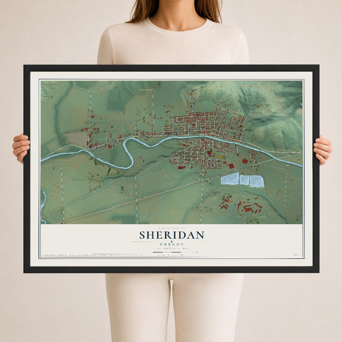 Map of Sheridan, Oregon, 24 x 36 inch print in a black wood frame