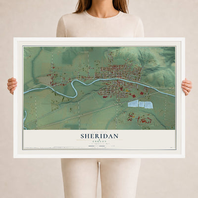 Map of Sheridan, Oregon, 24 x 36 inch print in a white wood frame