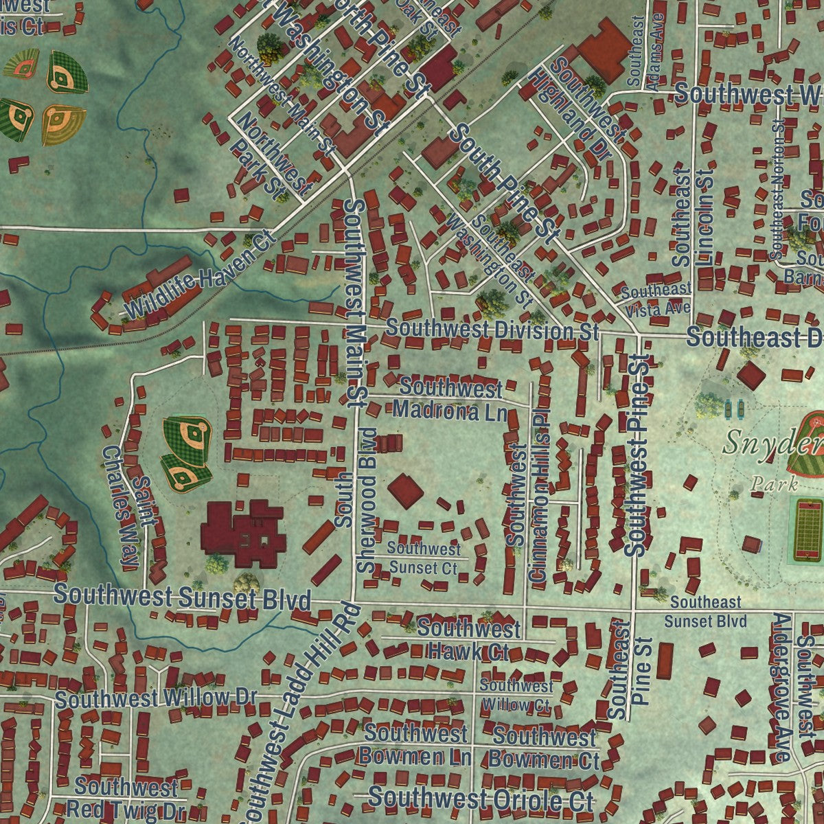 Close-up of the map of Sherwood, Oregon print showing street and building detail
