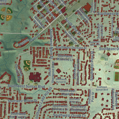 Close-up of the map of Sherwood, Oregon print showing street and building detail