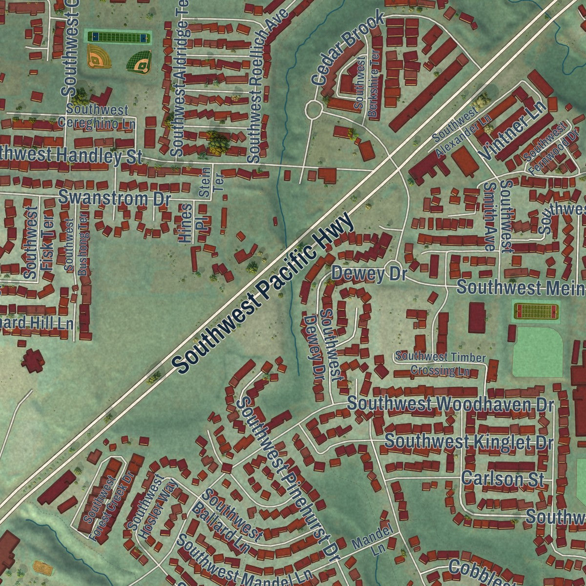 Second close-up of the map of Sherwood, Oregon print showing more streets and buildings
