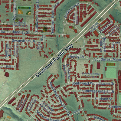 Second close-up of the map of Sherwood, Oregon print showing more streets and buildings