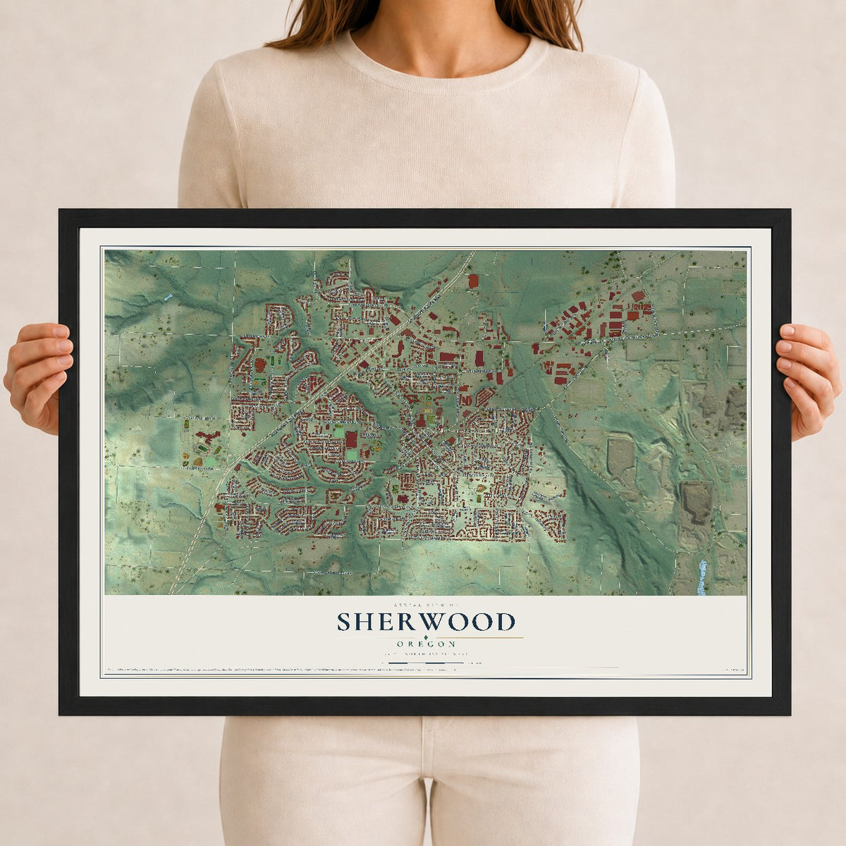 Map of Sherwood, Oregon, 12 x 18 inch print in a black wood frame
