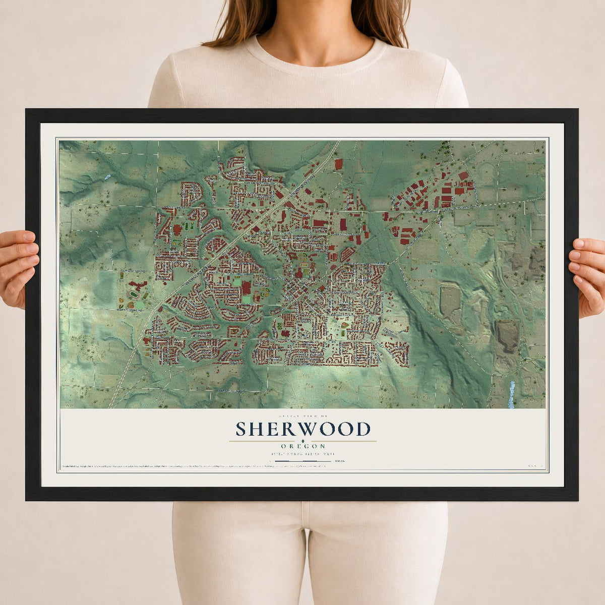 Map of Sherwood, Oregon, 18 x 24 inch print in a black wood frame