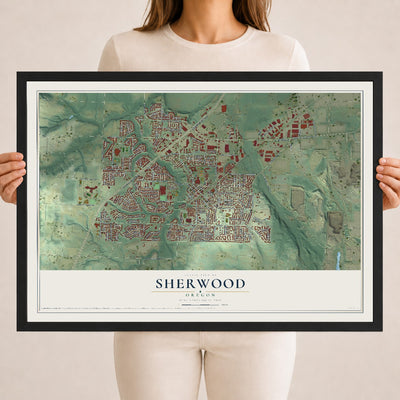 Map of Sherwood, Oregon, 18 x 24 inch print in a black wood frame