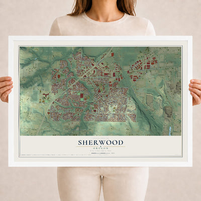 Map of Sherwood, Oregon, 18 x 24 inch print in a white wood frame