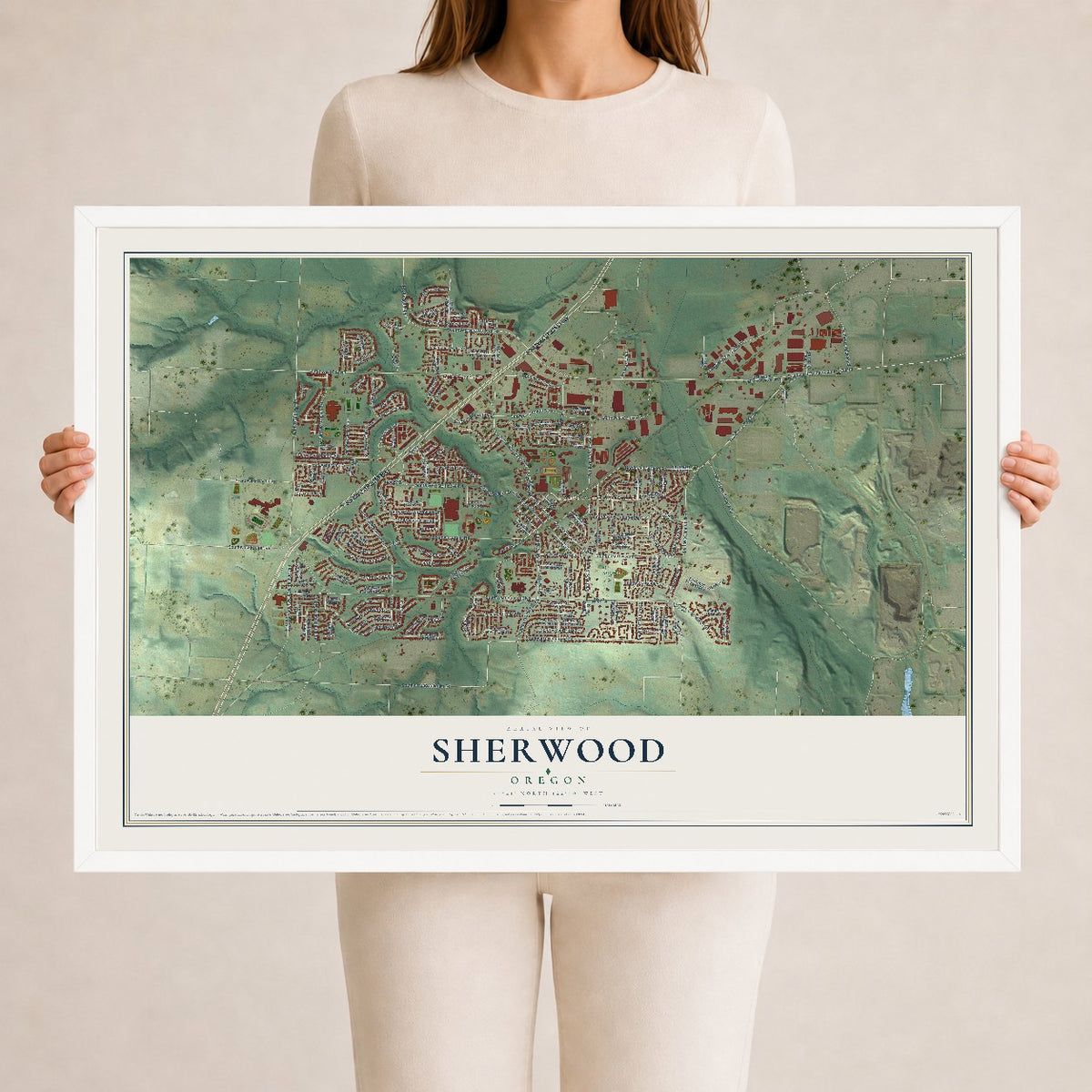 Map of Sherwood, Oregon, 24 x 36 inch print in a white wood frame