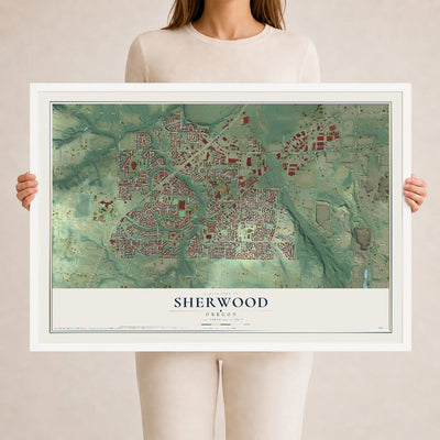 Map of Sherwood, Oregon, 24 x 36 inch print in a white wood frame