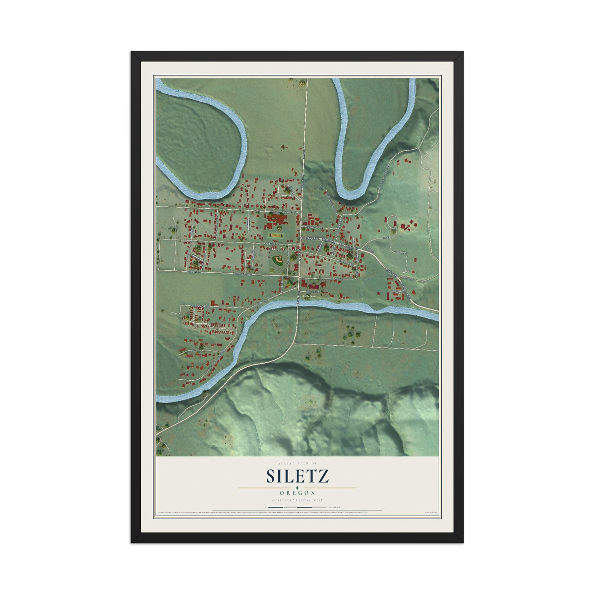 Map of Siletz, Oregon, 12 x 18 inch print in a black wood frame