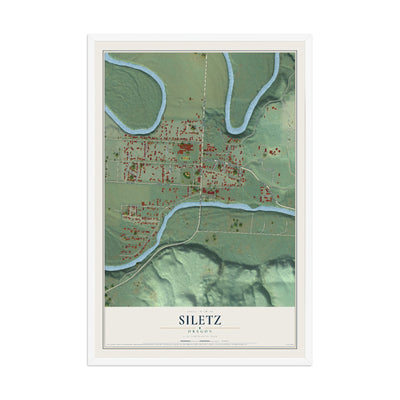 Map of Siletz, Oregon, 12 x 18 inch print in a white wood frame