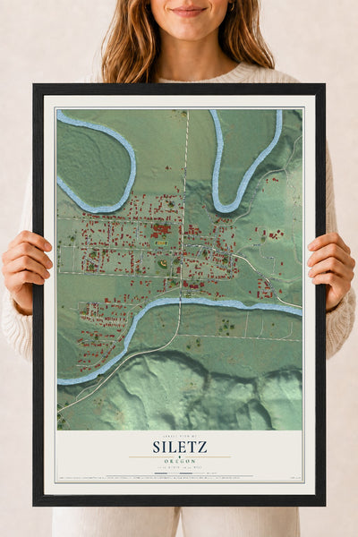Map of Siletz, Oregon, 18 x 24 inch print in a black wood frame