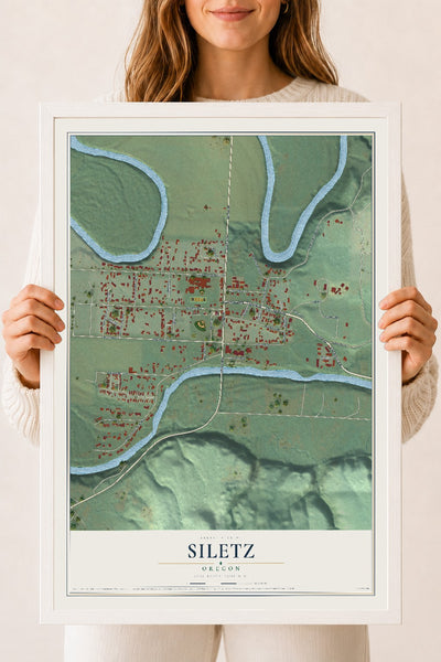 Map of Siletz, Oregon, 18 x 24 inch print in a white wood frame