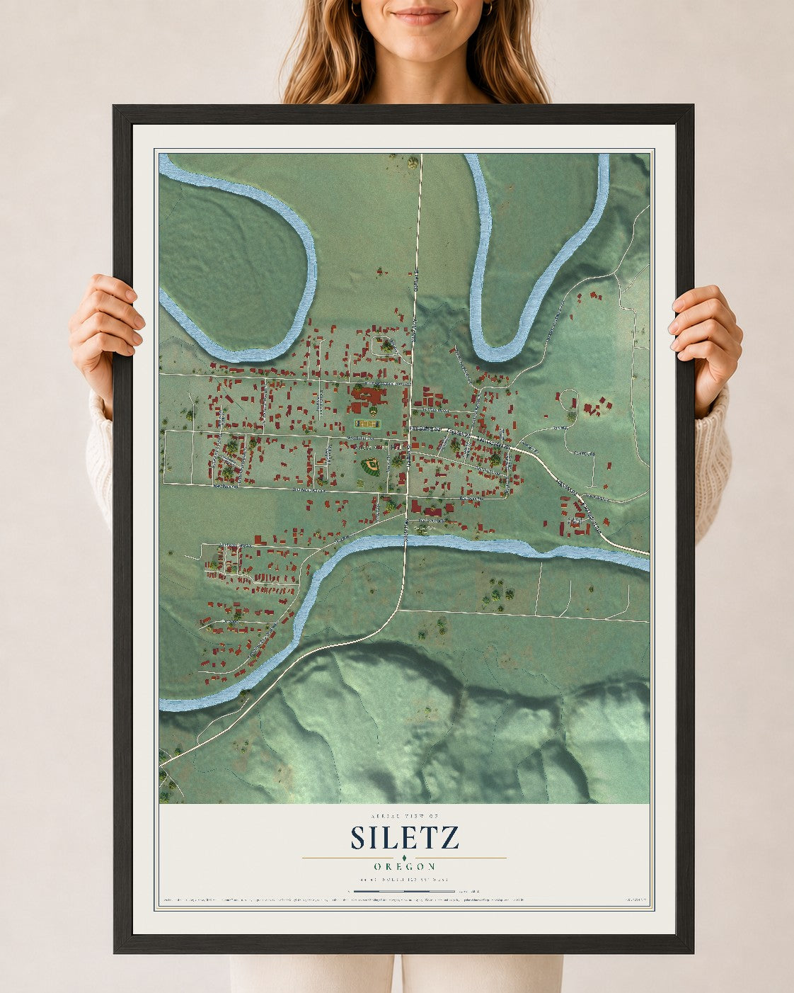 Map of Siletz, Oregon, 24 x 36 inch print in a black wood frame